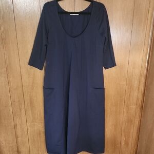 3/4 sleeve, long navy blue dress.